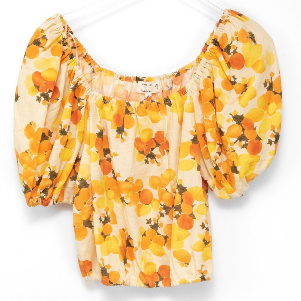 Nicole Miller Artelier Puff Sleeve Cropped Blouse Oranges Print Yellow Large New